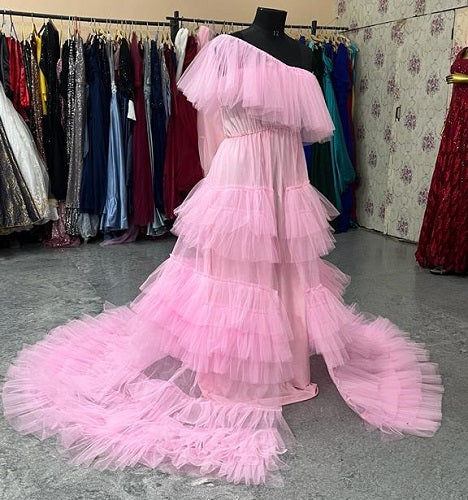 G1036, Pink Ruffled Slit Cut Shoot Trail Gown, (All Sizes)pp