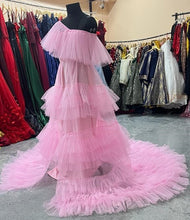 Load image into Gallery viewer, G1036, Pink Ruffled Slit Cut Shoot Trail Gown, (All Sizes)pp