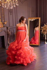 G523, Red Tube Ruffled Shoot Trail Gown Size (All)pp