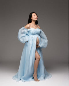 G104, Sky Blue Ruffled Maternity Shoot  Gown, Size (All)pp