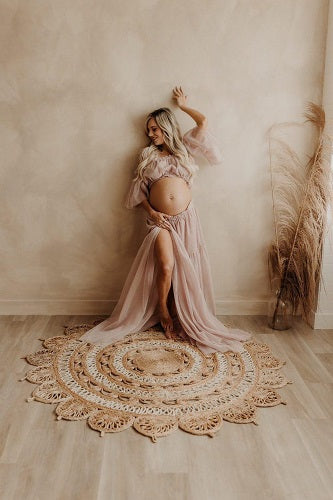 G657, Beige Frilled Maternity Shoot Trail Gown, Size (ALL)pp