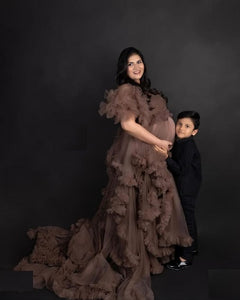 G925, Brown Ruffled Maternity Shoot Gown, Size (All)pp