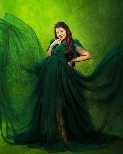 G823, Bottle Green Ruffled Maternity Shoot  Gown, Size (All)pp