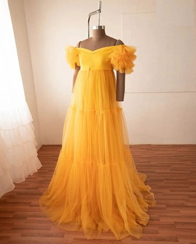 G353, Yellow Ruffled Maternity Shoot  Gown, Size(All)pp