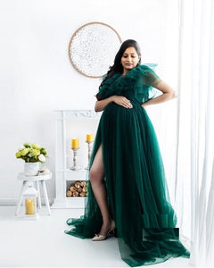 G823, Bottle Green Ruffled Maternity Shoot  Gown, Size (All)pp