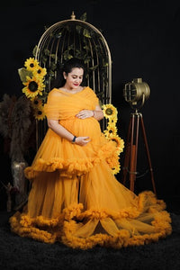 G168, Mustard Ruffled Slit Cut Maternity Shoot Trail Gown (Size All)pp