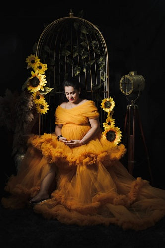 G168, Mustard Ruffled Slit Cut Maternity Shoot Trail Gown (Size All)pp