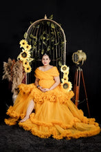 Load image into Gallery viewer, G168, Mustard Ruffled Slit Cut Maternity Shoot Trail Gown (Size All)pp