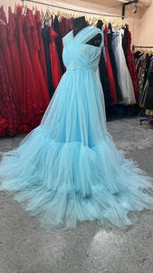 G1128, Light Blue Slit Cut Ruffled Maternity Shoot Trail Gown With Inner , Size (All)pp