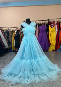 G1128, Light Blue Slit Cut Ruffled Maternity Shoot Trail Gown With Inner , Size (All)pp