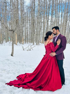 G229,(2) Wine Satin Semi Off Shoulder Full Sleeves Prewedding Shoot Trail Ball Gown, Size (XS-30 to  3XL-46)