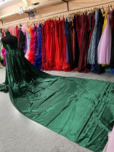 Load image into Gallery viewer, G456, Bottle Green Satin Slit cut Pre Wedding Shoot Long Trail Gown, Size (All)pp