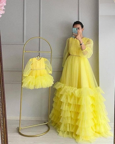 G557, Yellow multi-layered frill  Dress, Size(All)