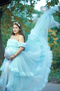 G325, Ice Blue Ruffled Maternity Shoot  Gown, Size (ALL)