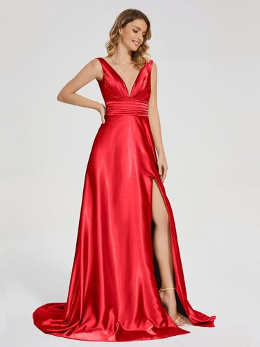 G750, Red Satin Slit Cut Shoot Trail Gown, Size (All)pp