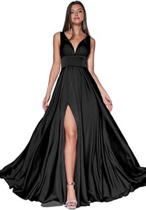 G250, Black Satin Slit Cut Evening Gown, Size (All)pp