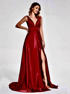 G850, Wine Satin Slit Cut Shoot Trail Gown, Size (All)
