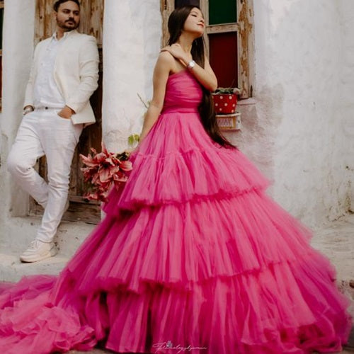 G940, Hot Pink  Ruffle Long Trail Ball Gown,  Size - (All Sizes)