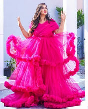 Load image into Gallery viewer, G1068 (2), Magenta Pink Slit Cut Ruffled Maternity Shoot Trail Gown With Inner, (All Sizes)