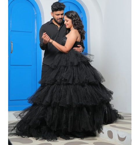 G937, Black One Shoulder Ruffled Shoot Trail Gown, Size(All)