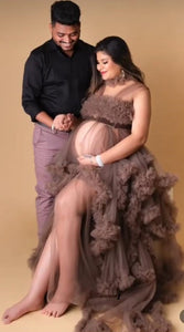 G926, Brown Ruffled Maternity Shoot Gown, Size (All)pp