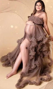 G926, Brown Ruffled Maternity Shoot Gown, Size (All)pp