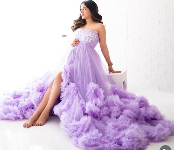 G2400, Lavender Ruffled Frill Prewedding Shoot  Trail Gown, Size (All)