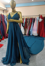 Load image into Gallery viewer, G838,  Navy Blue Slit Cut Long Trail Prewedding Shoot Gown Size(All)
