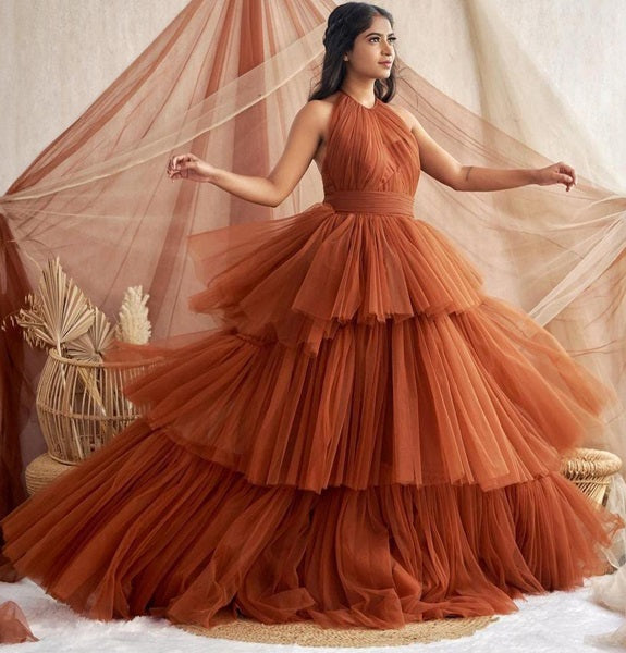 G3003, Brown Ruffle Prewedding Long Ball Gown,(All Size)pp – Style