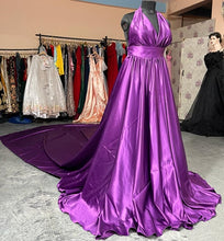 Load image into Gallery viewer, G906, Dark Purple Satin Slit Cut Long Trail Shoot Gown, Size (All)