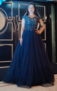 G435, Navy Blue Semi Off Shoulder Ball Gown, Size (XS-30 to XL-35)