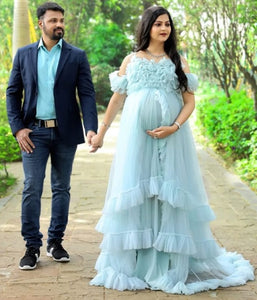 G325, Ice Blue Ruffled Maternity Shoot  Gown, Size (ALL)