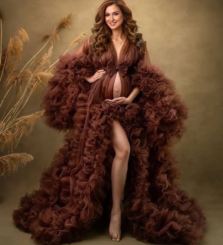 G3021 , Darkest Brown Ruffled Maternity Shoot Gown With Inner, Size (All) pp