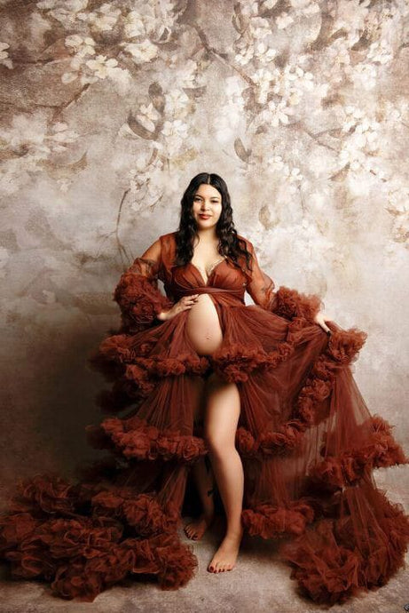 G3020 , Darkest Brown Ruffled Maternity Shoot Gown, Size (All) pp