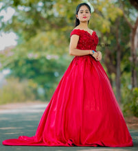 Load image into Gallery viewer, G130 (10+2) Wine Satin Off Shoulder trail Ball gown, Size (XS-30 to XL-40)