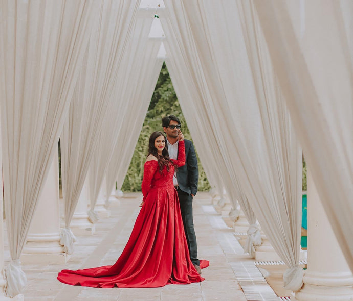 G529, Red Satin Semi Off Shoulder Full Sleeves Prewedding Shoot Trail Ball Gown, Size (XS-30 to XL-40)