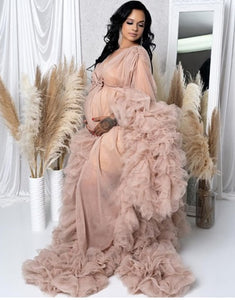 G3026 , Light Brown Ruffled Maternity Shoot Gown With Inner, Size (All) pp