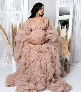 G3026 , Light Brown Ruffled Maternity Shoot Gown With Inner, Size (All) pp