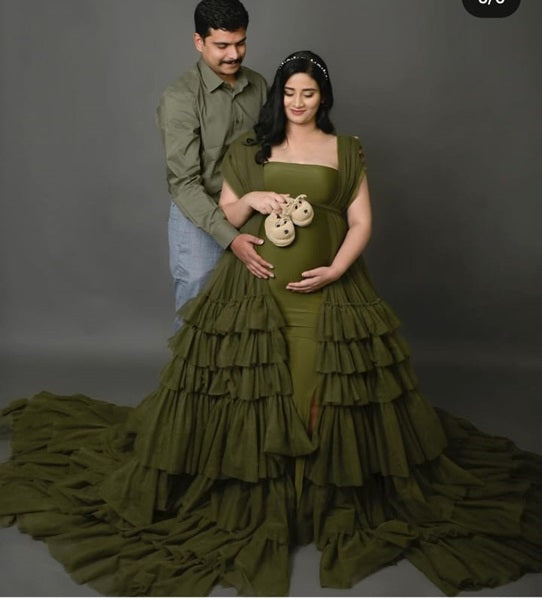 G3033,Olive Green Maternity  Shoot Trail Gown, Size (All)pp