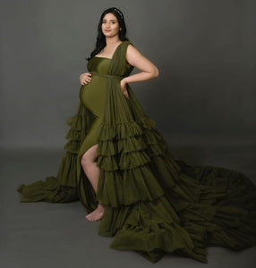 G3033,Olive Green Maternity  Shoot Trail Gown, Size (All)pp