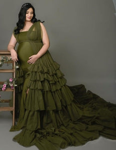 G3033,Olive Green Maternity  Shoot Trail Gown, Size (All)pp