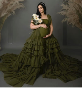 G3033,Olive Green Maternity  Shoot Trail Gown, Size (All)pp