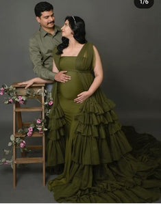 G3033,Olive Green Maternity  Shoot Trail Gown, Size (All)pp