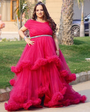 Load image into Gallery viewer, G1068 (2), Magenta Pink Slit Cut Ruffled Maternity Shoot Trail Gown With Inner, (All Sizes)