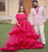 Load image into Gallery viewer, G1068 (2), Magenta Pink Slit Cut Ruffled Maternity Shoot Trail Gown With Inner, (All Sizes)