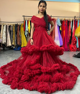 G968 , Wine Slit Cut Puffy  Frills Maternity Trail Gown With Inner, (All Sizes)