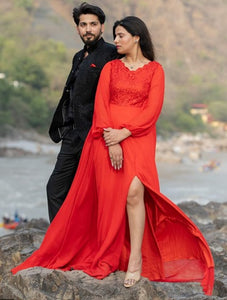 G603(5), Red Slit Cut Semi Offshoulder Prewedding Long Trail Gown, (All Sizes)