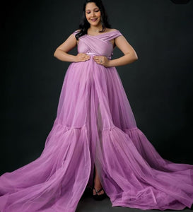 G2119 (2), Dusty Lavender Frilled Maternity Shoot Trail Gown, Size (All)