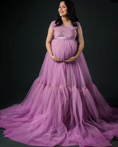 G2119 (2), Dusty Lavender Frilled Maternity Shoot Trail Gown, Size (All)