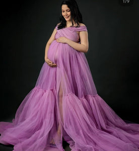 G2119 (2), Dusty Lavender Frilled Maternity Shoot Trail Gown, Size (All)